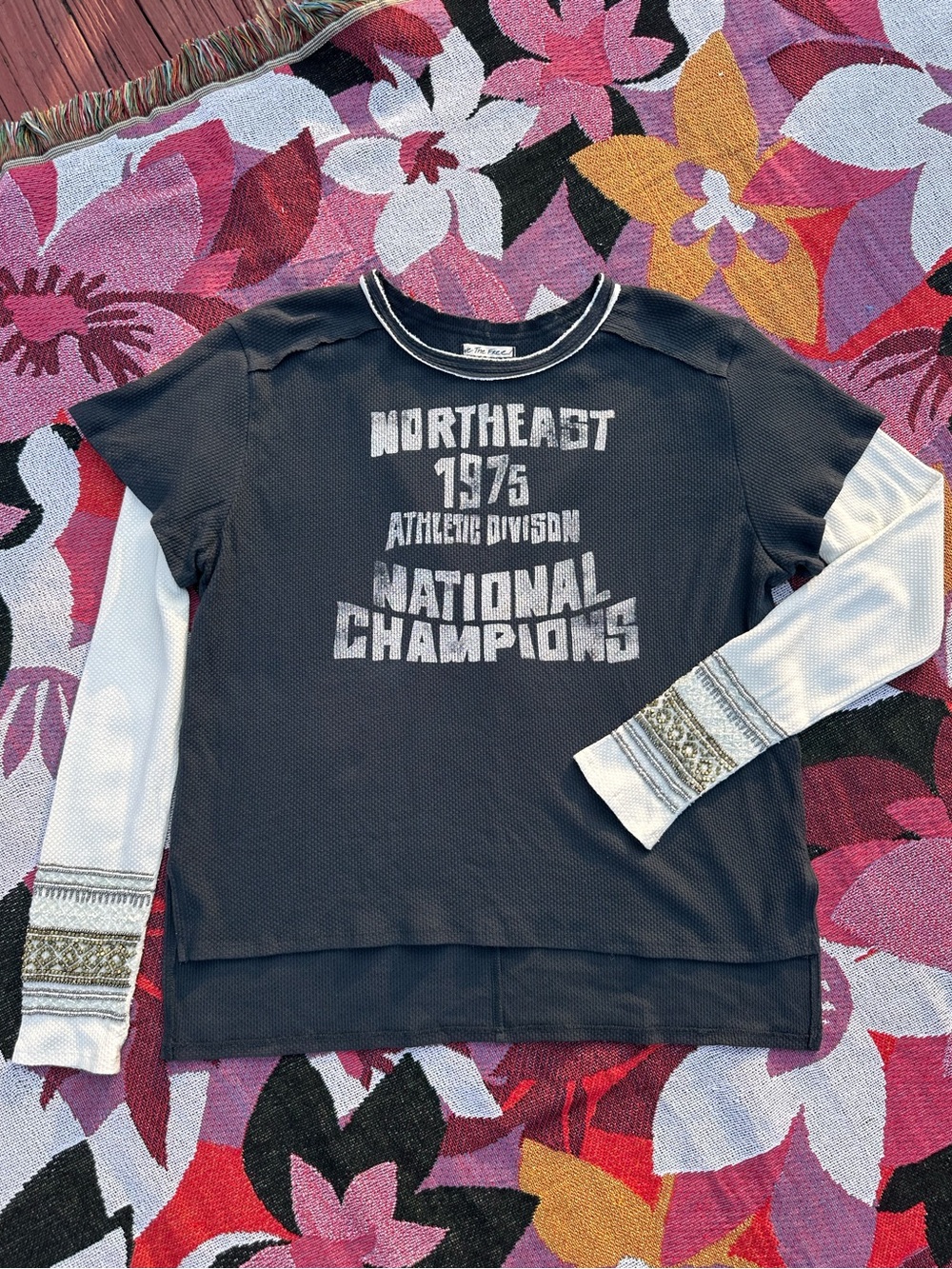 Free People We The Free National Champions Beaded Thermal Waffle-Knit Top